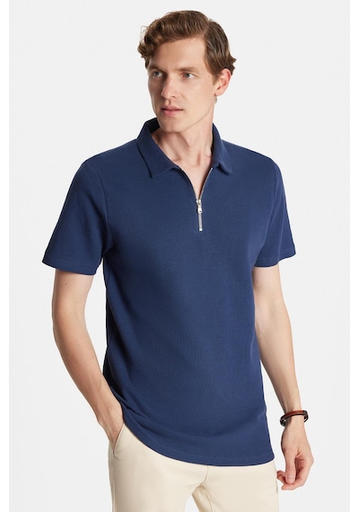 Tudors Erkek Slim Fit Dar Kesim %100 Pamuk Fermuarlı Lacivert Polo Yaka Tişört-34350 Lacivert