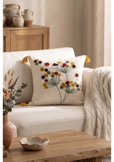 Polen Punch Nakışlı Çiçek Desenli Dekoratif Gizli Fermuarlı Püsküllü Kırlent Kılıfı 42 X 42 Cm Bej