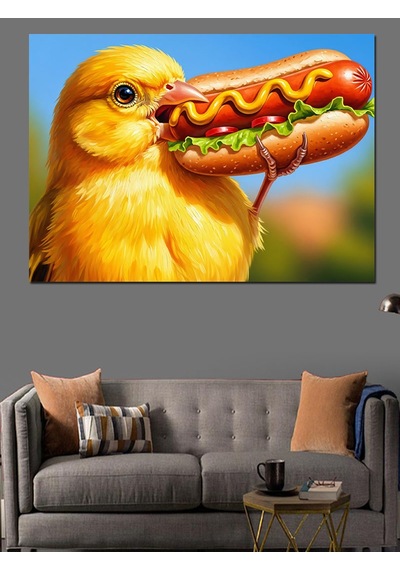 Ahşap Tablo Hot Dog Yiyen Sarı Civciv Figürü