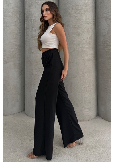 Lesa Wear Yumuşacık Yüksel Bel Geniş Paça Likralı Jarse Pantolon Flared Siyah