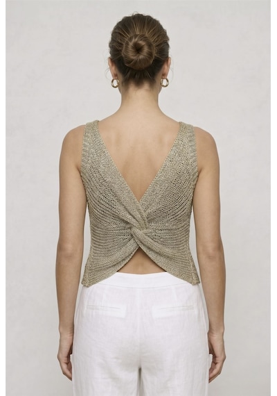 Neden Tekstil Twist Knot Detaylı Premium Kadın Triko Bluz V Yaka Örgü Dokulu Şık Crop Tasarım - Küf Yeşili