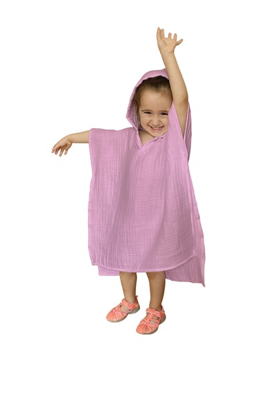 Organik Muslin Bebek Çocuk Kapüşon Panço Banyo Havlu Pudra Pembe