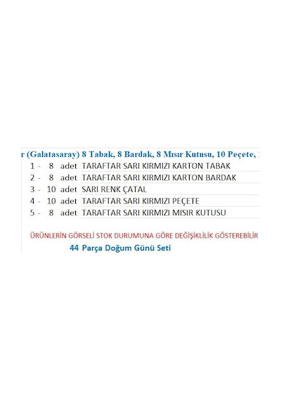 Taraftar Galatasaray 8 Tabak, 8 Bardak, 8 Mısır Kutusu, 10 Peçete, 10 Çatal