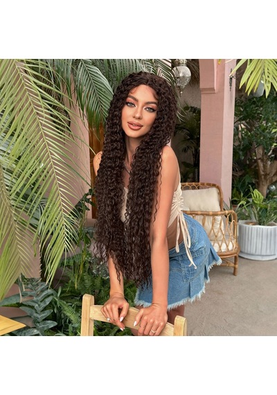 Afro Dalga Fiber Sentetik Tül Peruk - Kahverengi Çok Renkli