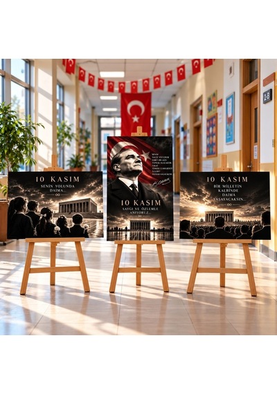 10 Kasım Atatürk'ü Anma Günü 48 68 Cm Mukavva Afiş Seti 3'lü Siyah Beyaz Tüm Yaşlar