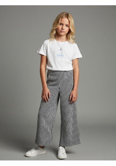 Zekids Kız Çocuk Çizgili Geniş Paça Pantolon-16894 Lacivert