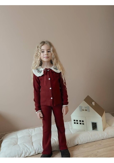 Miniko Kids Kız Çocuk Yaka Dantelli Fitilli Kaşkorse Bayramlık Taytlı Takım Bordo