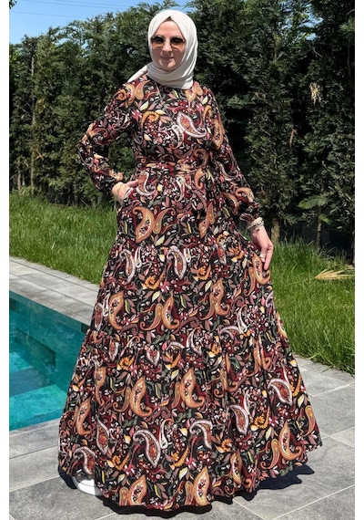 Rabia Şamlı Şal Desenli Elbise Siyah Normal