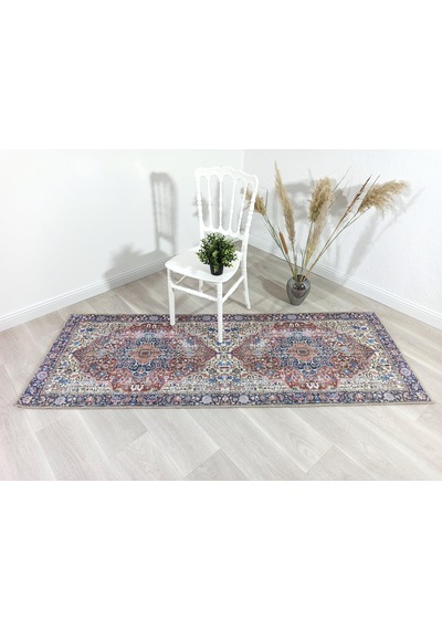 Lacivert Ve Kahverengi Madalyon Desenli Vintage Halı Kırmızı