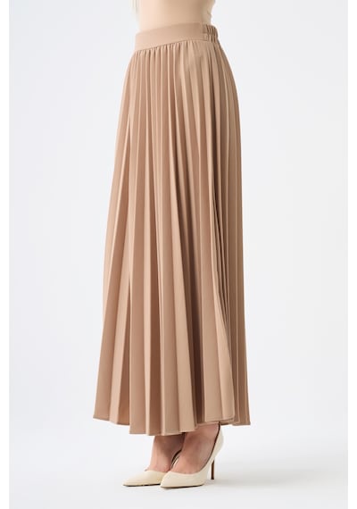 Mizalle Basic Örme Pliseli Krep Bej Etek 001