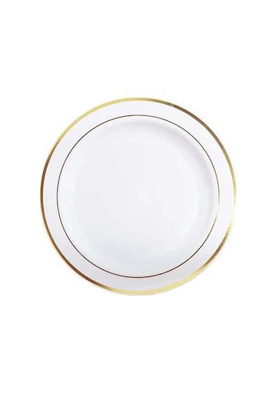 Plastik Gold Renk İşlemeli Beyaz Tabak 26 Cm - 6 Adet Beyaz Altın