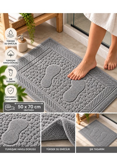 Dokuma Pamuklu Emici Ve Yumuşak Dokulu Ayak Havlusu 50 X 70 Cm Gri