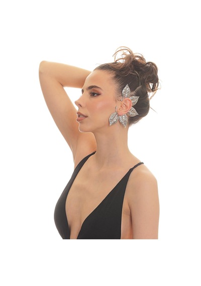 Kadın Gümüş Renk Lak Kaplama Zirkon Taşlı Dokulu Yaprak Stilizesi Sol Kulak Earcuff&kıkırdak Küpe Çok Renkli