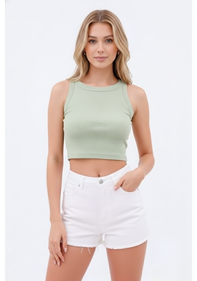 Zedefx Kadın Halter Yaka Pencere Detaylı Crop Bluz Yeşil
