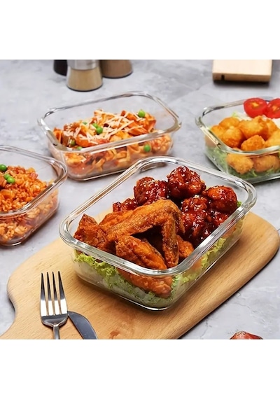 3 Lü Set 1520-1040ml-700ml Bor Cam Kilitli Vakumlu Dikdörtgen Hava Geçirmez Kapaklı Saklama Kabı Mavi