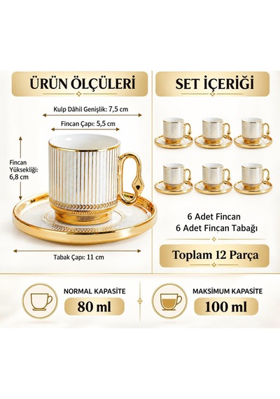 Valkyrie 12 Parça 6 Kişilik Türk Kahvesi Fincan Takımı 80ml Gold Detaylı 6 Fincan 6 Tabak K651-a