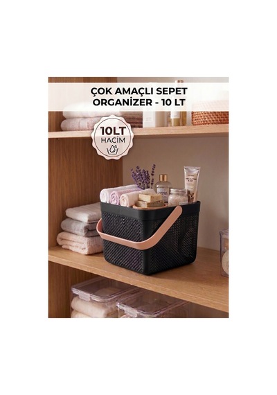 Dolap İçi Düzenleyici, Banyo, Mutfak Organizeri Kulplu Sepet, Dekoratif Saklama Kutusu, Banyo Düzenleyici Organizer 10lt Siyah