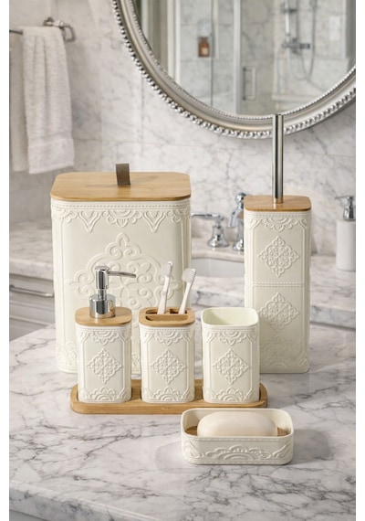 Makri Home 7 Parça Desenli Kare Bambu Kapaklı Beyaz Banyo Seti, Hacim: 8 Litre Beyaz