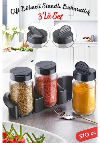 Nandy Home Stantlı Daphne Baharatlık Takımı - İkili Click Kapak 3'lü Set 370 Cc Şeffaf