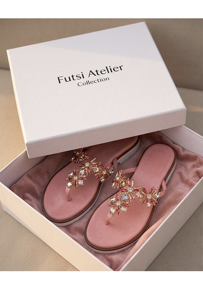 Futsishoes Solene Pembe Hakiki Deri Pembe Taş İşlemeli Parmak Arası Kadın Terlik