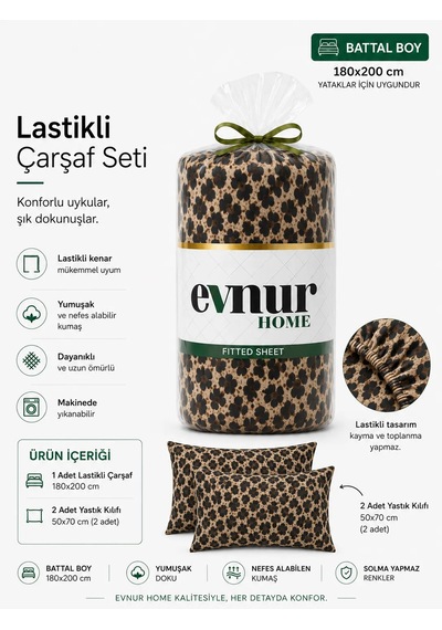 Evnur Home Leoparlı Lastikli Çarşaf Seti Battal Boy Çok Renkli