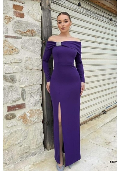 Store Esnek Elbise Kumaş Taş Abiye Detaylı Straplez Krep Mor - 935918677 Mor