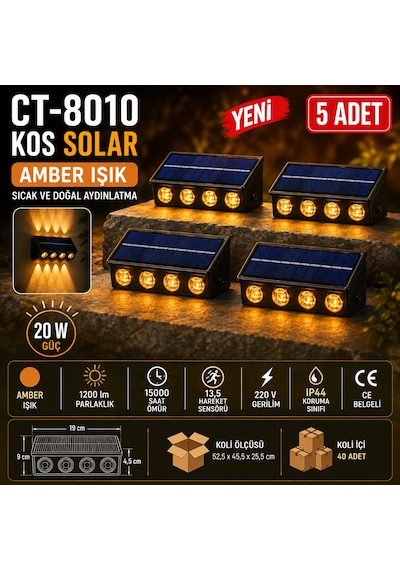 Cata Ct-8010 Kos Solar 20w Led Aplik Amber Işık 5'li Set Güneş Enerjili Yukarı Aşağı Aydınlatma Sarı