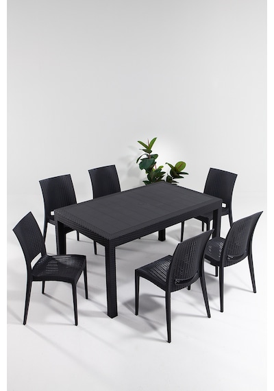 Rattan 90 x 150 cm 6 Kişilik Bahçe Masa Takımı-Antrasit Siyah