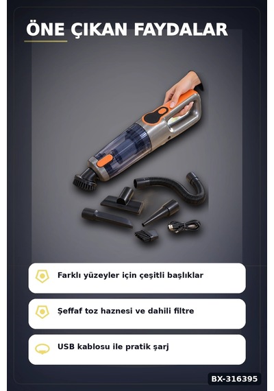 Araç İçi El Süpürgesi Şarjlı Usb Kablolu Esnek Hortumlu Temizlik Seti Bx-316395