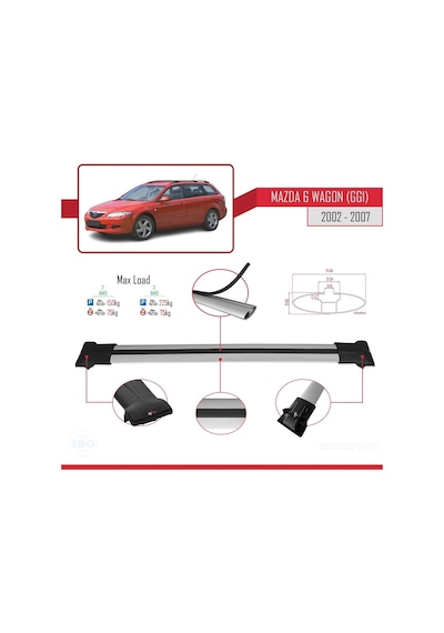 Mazda 6 Gg1 2002-2007 Arası İle Uyumlu Fly Model Ara Atkı Tavan Barı Gri