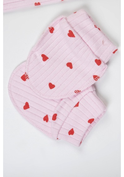Baby Shez %100 Pamuklu Fitilli 5 Parça Yenidoğan Hastane Çıkışı Kalpli Zıbın Set Pembe