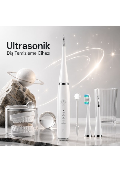 Ahm Ultrasonik Diş Temizleme Cihazı Şarjlı Diş Taşı Temizleyici Usb Type-c 42.000 Rpm Titreşimli Ultra Sonic Ipx8 Su Geçirmez 3 Başlıklı Diş Bakım Seti