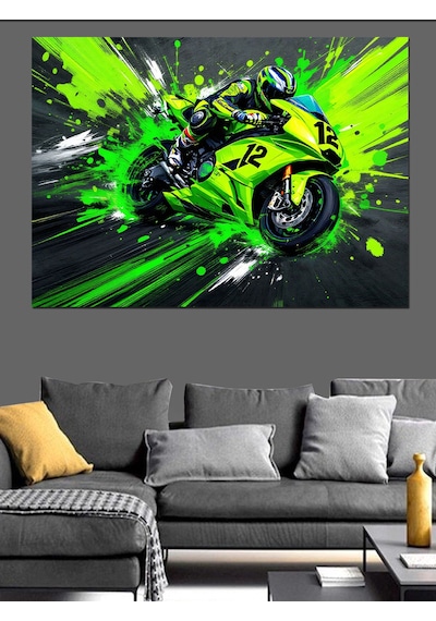 Neon Yeşil Yarış Motosikleti Dekoratif Kanvas - Mdf Ahşap Tablo