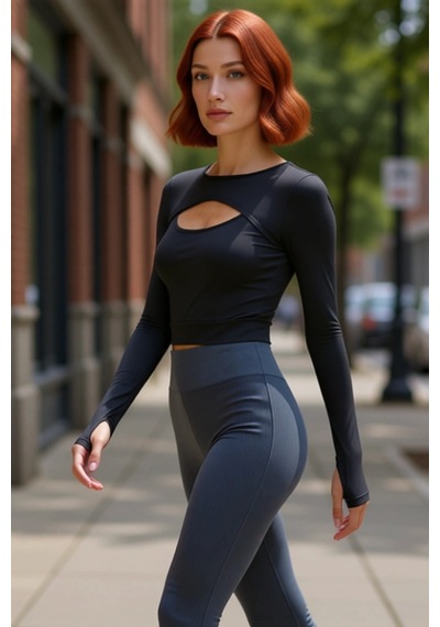 Ersefa Moda Bisiklet Yaka Örme Fit Düz Desen Sportswear Crop Uzun Kol Bl Antrasit