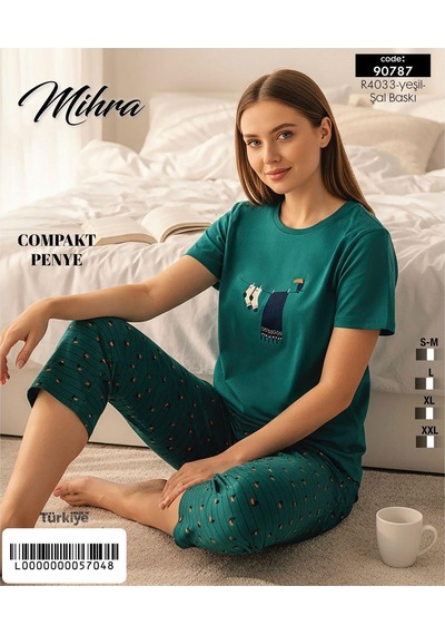 Mihra Kadın %100 Pamuk Bisiklet Yaka Kısa Kol Kapri Pijama Takımı 90787p - 1 Adet Petrol