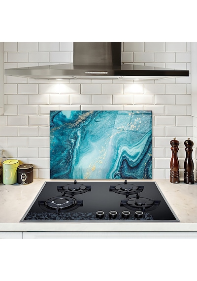Cam Ocak Arkası Koruyucu Gold Detaylı Turkuaz Desen 40cm X 60
