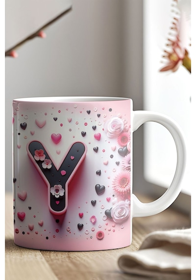 Renkli Çiçekli Y Harfi Baskılı 3d Görünümlü Tasarım Mug Kupa Bardak Turkuaz