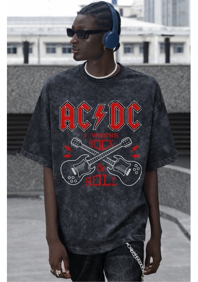 Sevbano Ac Dc Rock In Roll Rock Metal Müzik Grubu Baskılı Unisex Oversize Siyah