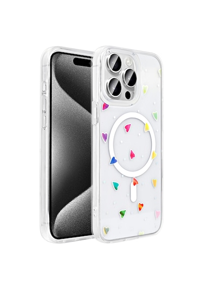 Techaks Apple Uyumlu iPhone 15 Pro Kılıf M-safe Şarj Özellikli Şeffaf Zore Folk Sert Kapak - Kalp Beyaz