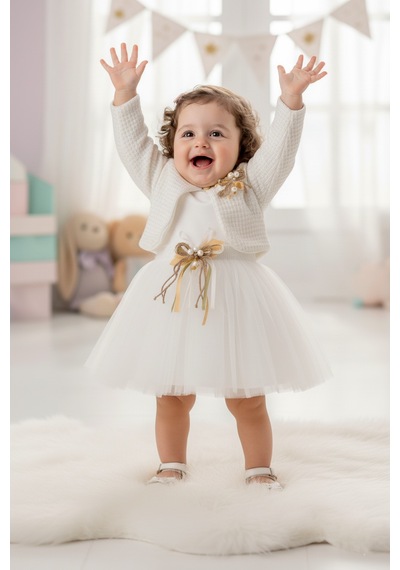 Mnk Baby & Kids Triko Bolerolu Kız Bebek Elbise M00770 Krem