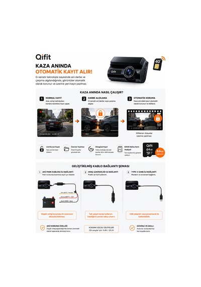 4g Sım Kartlı 2k Araç Kamerası Canlı İzleme + Park Modu + 64gb Hediye