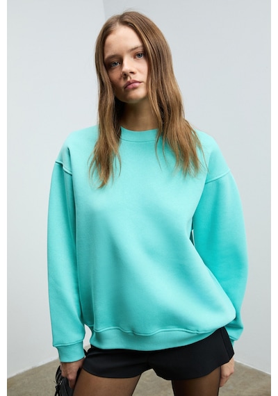 Grımelange KARIUS Kadın Organik Pamuklu İçi Polarlı Oversize Yuvarlak Yakalı Mavi Sweatshirt