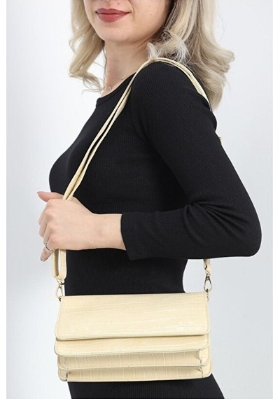 Lovelystore Kroko Desenli 3 Gözlü Günlük Kadın Mini El & Omuz Çantası 24x12 Krem