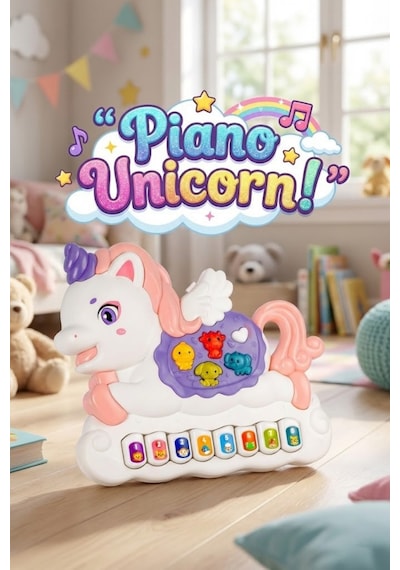Eğitici Müzikli Ve Işıklı Unicorn Piyano - Hayvan Sesli Bebek Oyuncağı - Gelişim Destekleyici Hediye