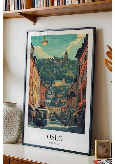 Oslo Norway Vintage Seyahat Posteri Çerçeveli Tablo - Premium İskandinav Şehir Elit Duvar Dekoru Siyah