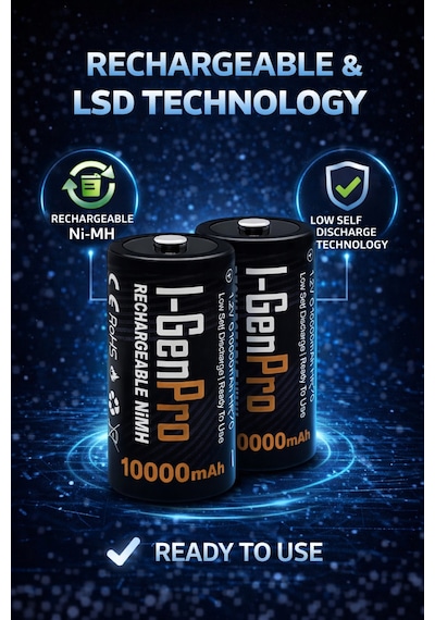 I-gen G32d 2'li Aa/aaa/c/d Pil Şarj Aleti + 2 Adet Pro D 10.000 Mah 1.2v Ni-mh Şarjlı D Büyük Boy Pilli Set