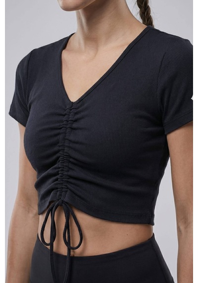 Woneagle Lacivert V Yaka İp Büzgülü Crop Basic Tişört Lacivert Lacivert