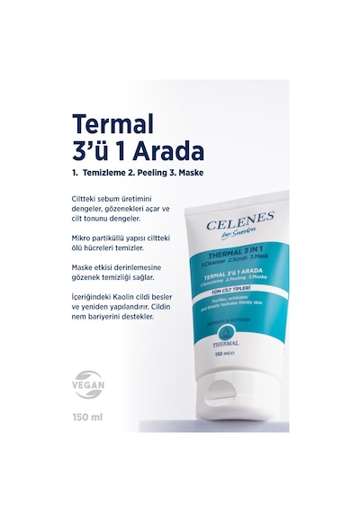 Celenes Thermal 3'ü 1 Arada Yıkama Peeling Maske 150 ML