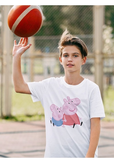 Sevbano Peppa Pig Baskılı Unisex Çizgi Film Çocuk Tişört 1-12 Yaş Beyaz
