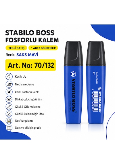 Boss Fosforlu Kalem 1 Adet Metin İşaretleme Kalemi Saks Mavi